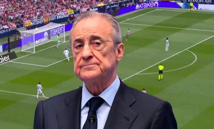 Florentino Pérez y una captura del vídeo del CTA sobre el derbi.