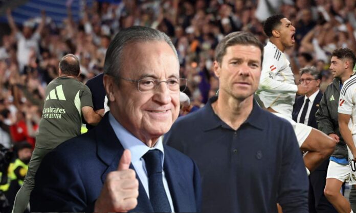 Xabi Alonso se lo dijo a Florentino tras ganar el Florentino Pérez, Xabi Alonso y jugadores del Real Madrid celebrando.