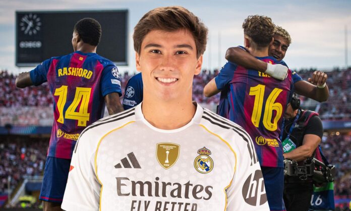 Gonzalo es el plan B contra el Barcelona Gonzalo García con la camiseta del Real Madrid y los jugadores del Barcelona celebrando un gol.