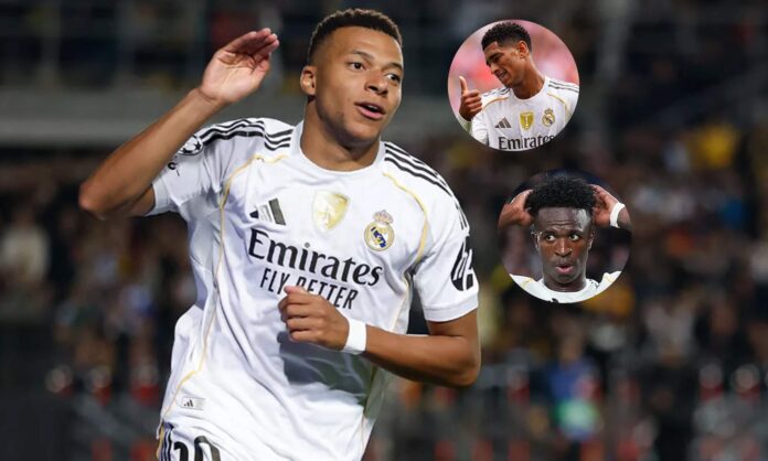 Kylian Mbappé y unas fotos de Jude Bellingham y Vinícius Júnior.