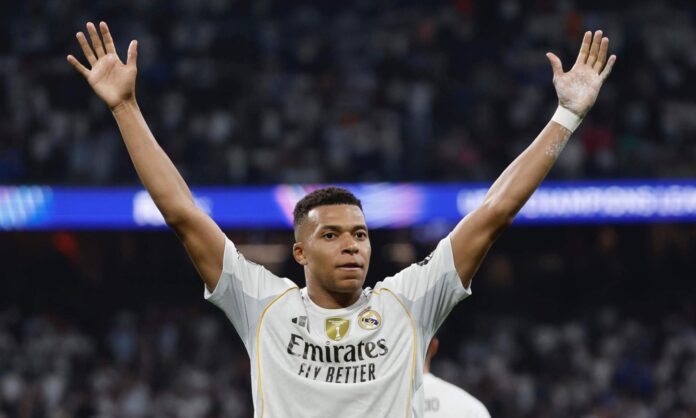 Kylian Mbappé, celebrando un gol con el Real Madrid durante un partido de Champions de esta temporada.