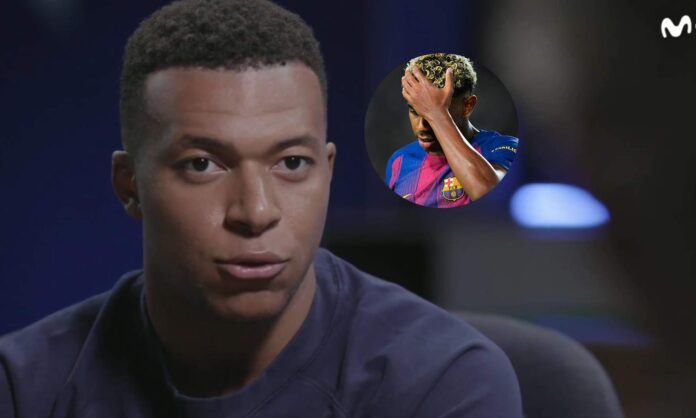 Kylian Mbappé hablando en la entrevista con Jorge Valdano y una foto de Lamine Yamal.