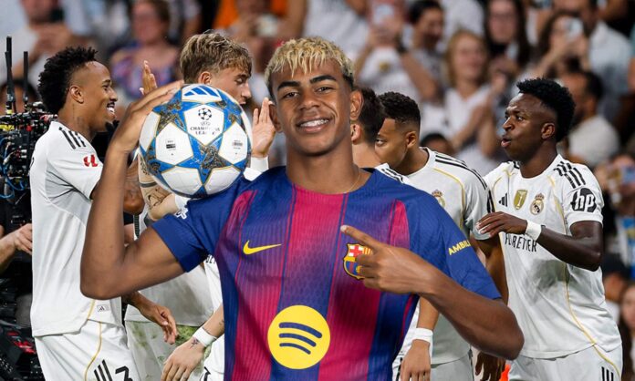 Lamine Yamal con la camiseta del Barcelona y jugadores del Real Madrid.