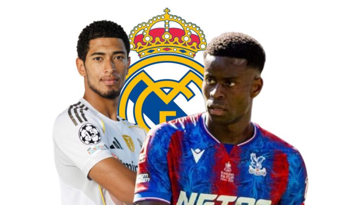 Marc Guehi, Jude Bellingham y un escudo del Real Madrid.