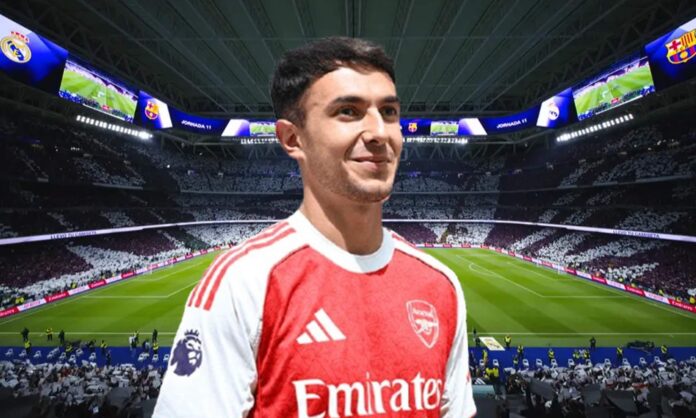 Martín Zubimendi con la camiseta del Arsenal y el Santiago Bernabéu.