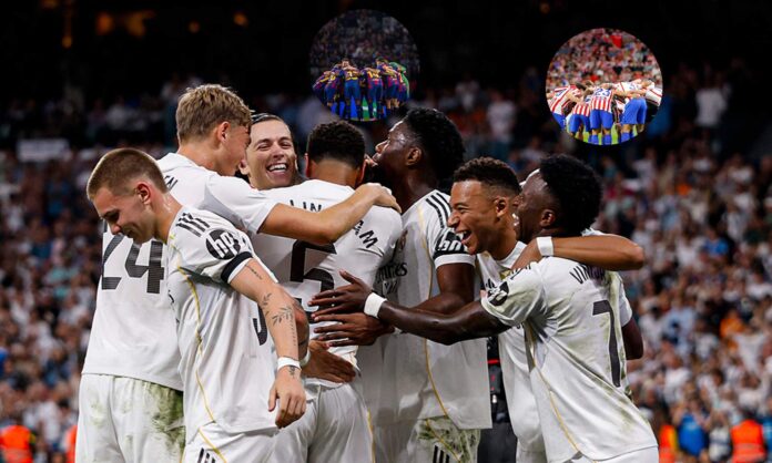 Jugadores del Real Madrid y foto de jugadores del Barcelona y Atlético de Madrid.