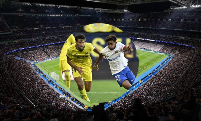 El Santiago Bernabéu y una foto del Villarreal - Barcelona.
