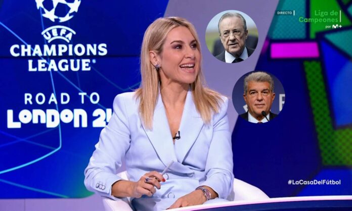 Susana Guasch y unas fotos de Florentino Pérez y Joan Laporta.