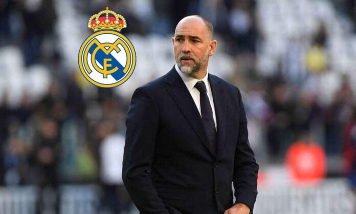 Tudor el entrenador de la Juventus y el escudo del Real Madrid.