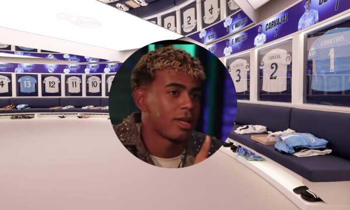Vestuario del Real Madrid y una foto de Lamine Yamal.