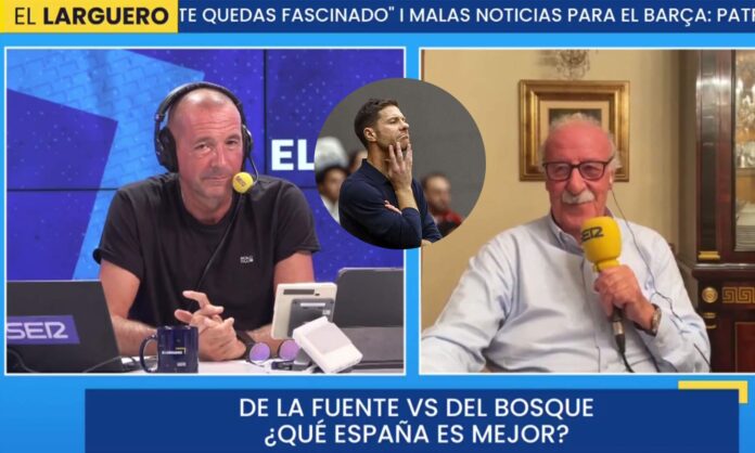 Vicente del Bosque hablando en El Larguero y una foto de Xabi Alonso. 