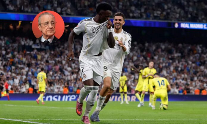 Vinícius Júnior celebrando un gol con el Real Madrid y una foto de Florentino Pérez.
