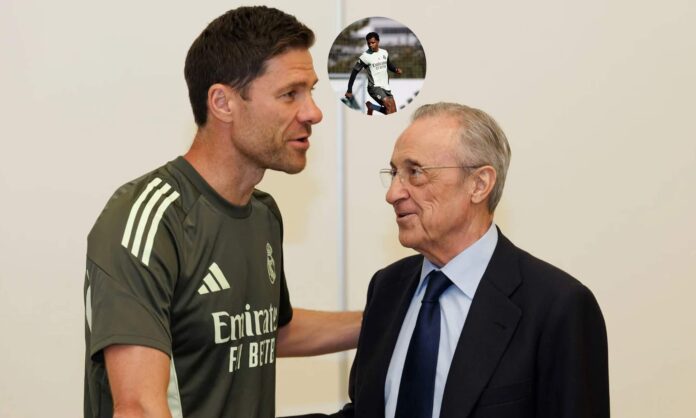 Xabi Alonso, Florentino Pérez y Rodrygo Goes. 