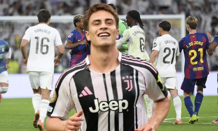 Yildiz celebra la victoria del Real Madrid ante el Barcelona Yildiz con la camiseta de la Juventus y una captura del Real Madrid - Barcelona.