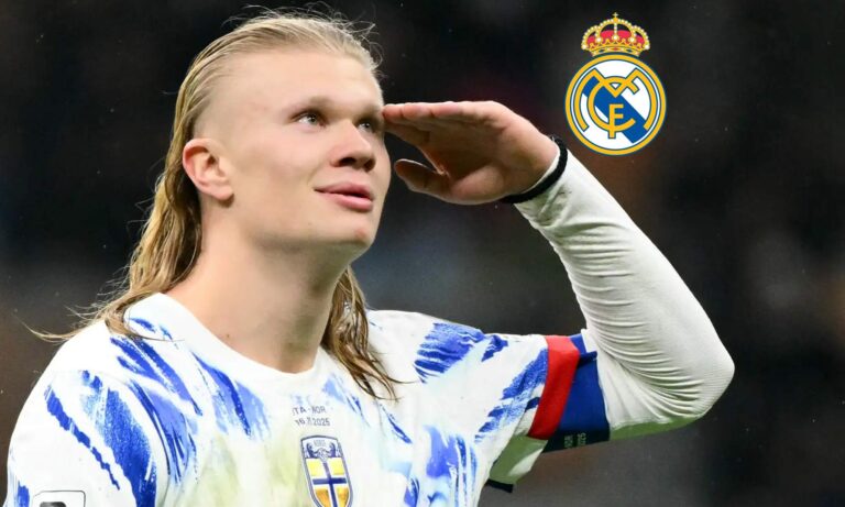 Erling Haaland jugando con Noruega y el escudo del Real Madrid.