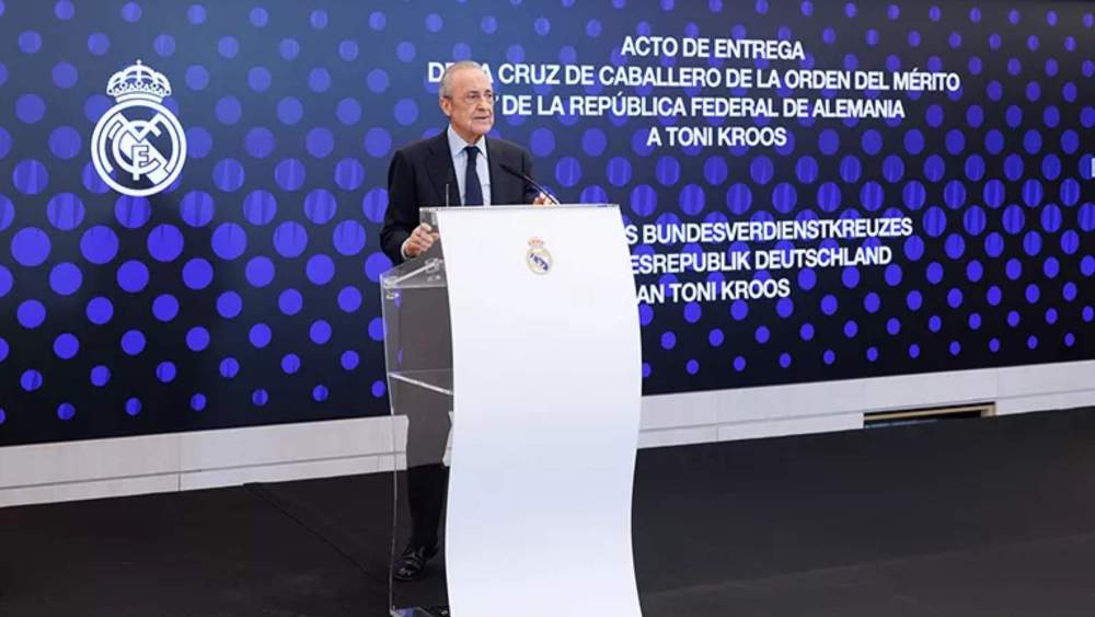 Florentino Pérez, durante el discurso que ofreció para reconocer la labor de Toni Kroos. Florentino Pérez, durante el discurso que ofreció para reconocer la labor de Toni Kroos.