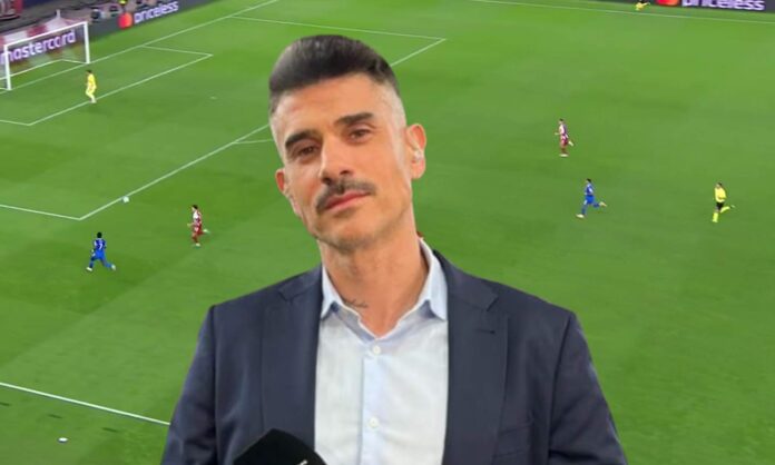 Álvaro Benito y una captura del Olympiacos - Real Madrid. 