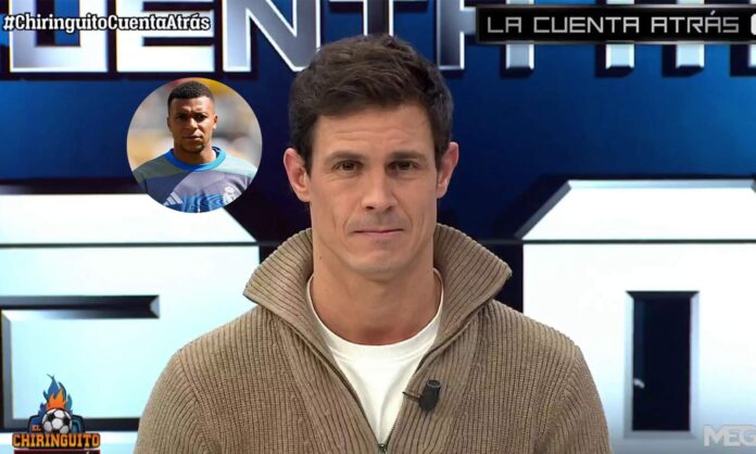 Edu Aguirre en El Chiringuito y una foto de Kylian Mbappé.