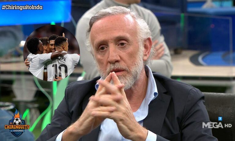 Eduardo Inda en El Chiringuito y jugadores del Real Madrid celebrando un gol. 