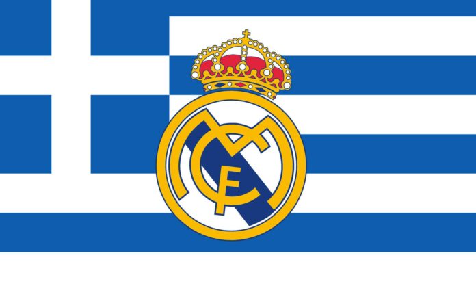 Escudo Real Madrid con bandera de Grecia de fondo
