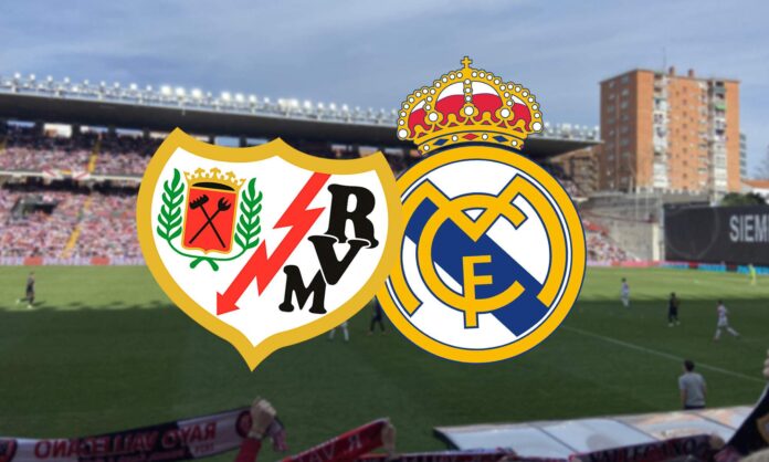 Escudos Rayo Vallecano y Real Madrid con fondo estadio Vallecas