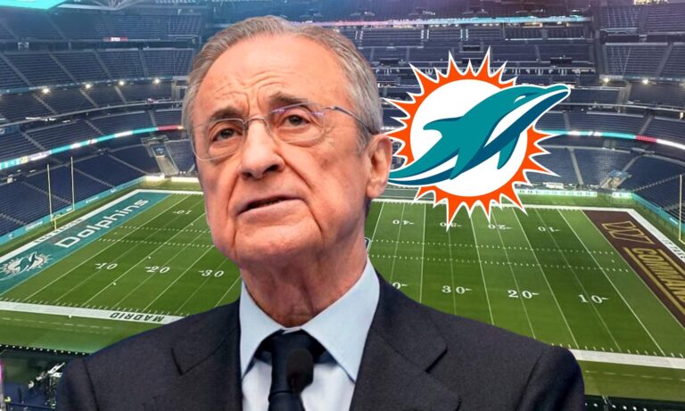 Florentino Pérez, el logo de los Dolphins Miami y el Santiago Bernabéu.