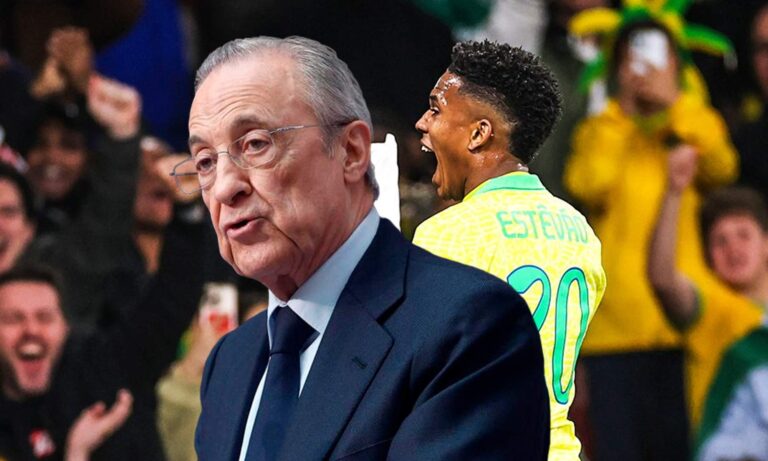 Florentino Pérez y una foto de Estevao celebrando su último gol con Brasil. 