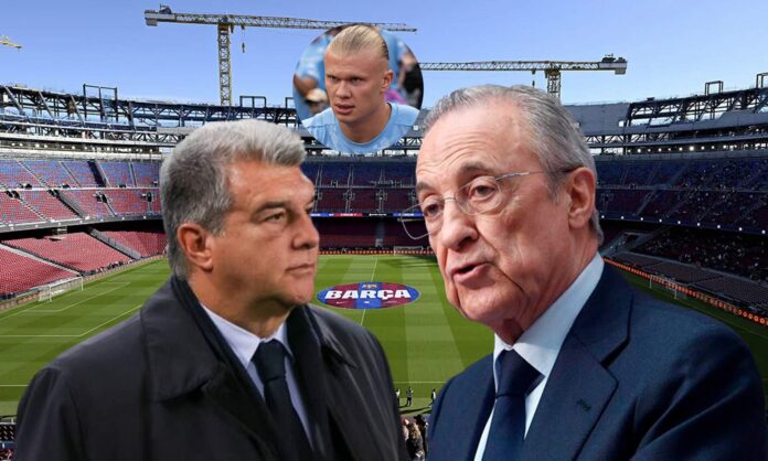 Florentino Pérez,  Joan Laporta, foto de Erling Haaland y el Camp Nou..