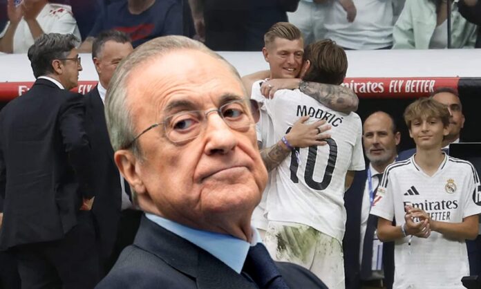 Florentino Pérez y una foto de Toni Kroos y Luka Modric.