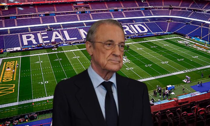 Florentino Pérez y el Santiago Bernabéu antes del partido de NFL.