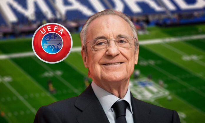 Florentino Pérez, el logo de la UEFA y el Santiago Bernabéu.