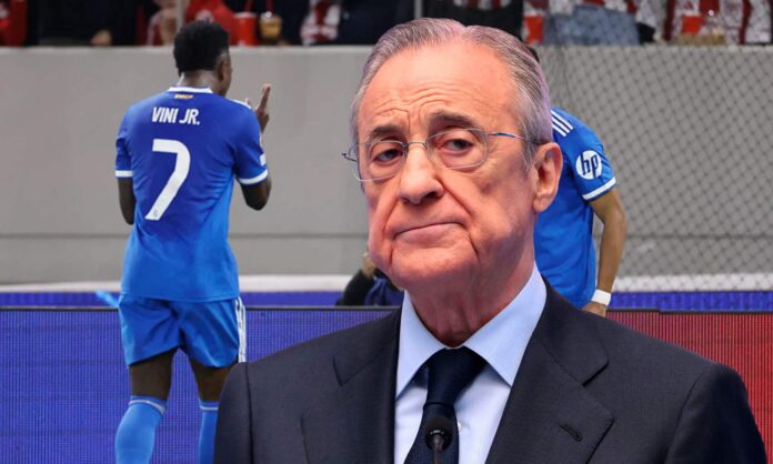 Florentino Pérez y Vinícius Júnior y Kylian Mbappé celebrando un gol. 