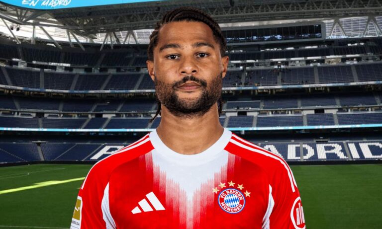 Serge Gnabry con la camiseta del Bayern Múnich y el Santiago Bernabéu.