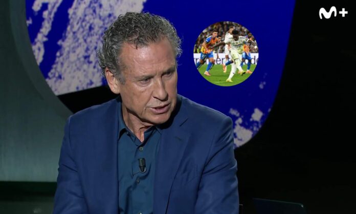 Jorge Valdano y una foto de Vinícius lanzando el penalti contra el Valencia.