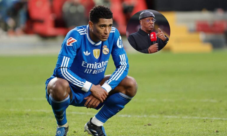 Jude Bellingham en un partido con el Real Madrid y una foto de Ian Wright. 