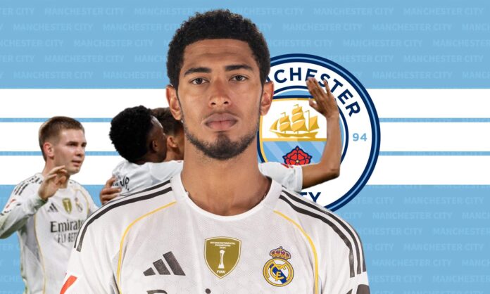 Jude Bellingham, jugadores del Real Madrid y el escudo del Manchester City. 