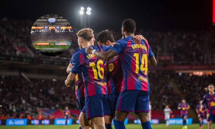 Jugadores del Barcelona celebrando un gol y una foto del partido de NFL en el Santiago Bernabéu.