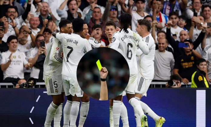 Jugadores del Real Madrid celebrando un gol y una tarjeta amarilla.