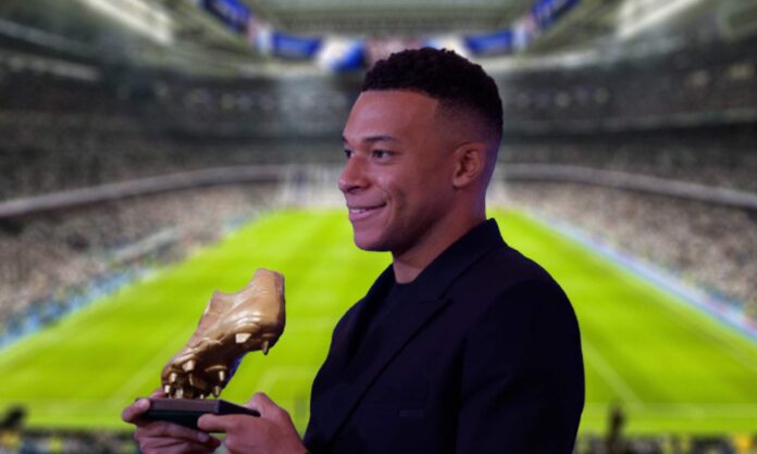 Kylian Mbappé con la Bota de Oro y el Santiago Bernabéu.