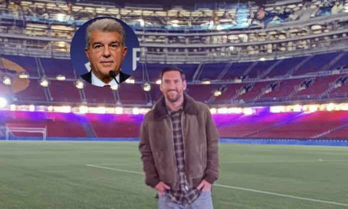 Leo Messi en el nuevo Camp Nou y una foto de Joan Laporta.