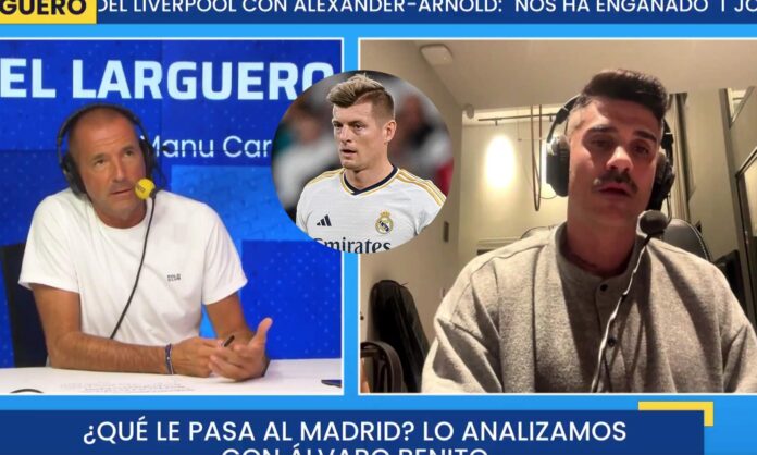 Álvaro Benito hablando en El Larguero y una foto de Toni Kroos. 