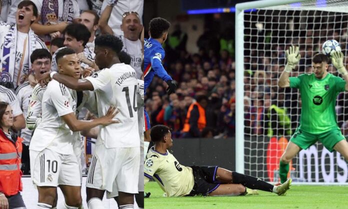 Jugadores del Real Madrid y al lado, el partido Chelsea - Barça