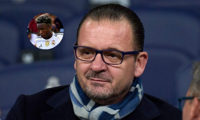 Mijatovic en la grada y una foto de Vinícius Júnior. 