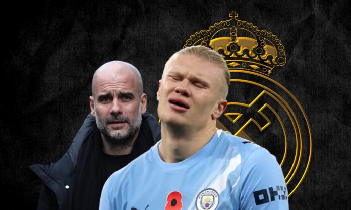 Pep Guardiola, Erling Haaland y el escudo del Real Madrid.