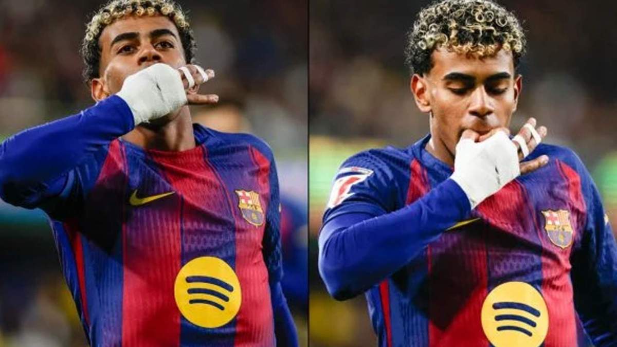 Celebración de Lamine Yamal al marcar gol al Villarreal. 