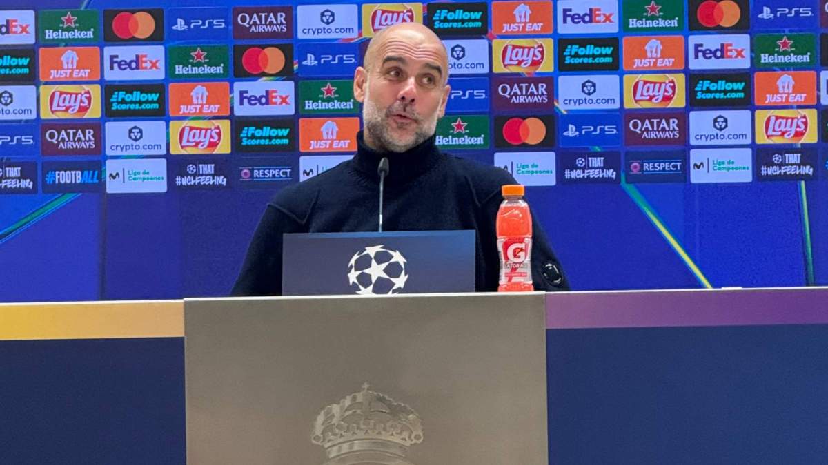 Pep Guardiola, en la rueda de prensa de esta noche en el Santiago Bernabéu. Pep Guardiola, en la rueda de prensa de esta noche en el Santiago Bernabéu.