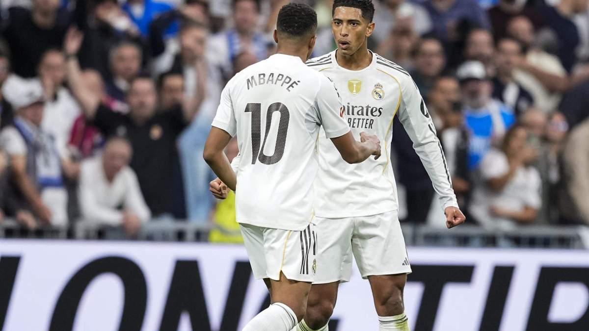 Jude Bellingham, Kylian Mbappé y un partido del Real Madrid. Jude Bellingham, Kylian Mbappé y un partido del Real Madrid.