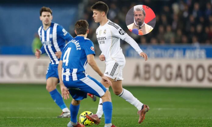 Arda Güler jugando contra el Alavés y una foto de Rafael Alkorta. 