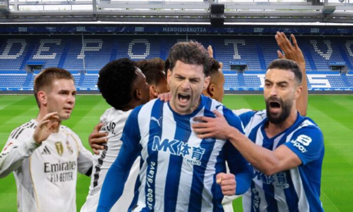 Jugadores del Alavés y el Real Madrid y el estadio de Mendizorroza.