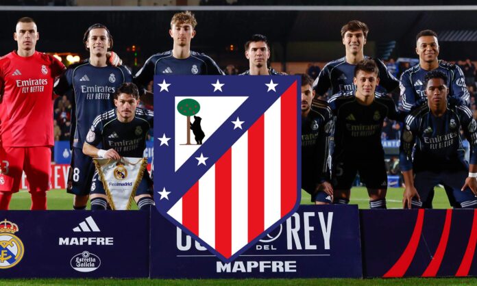 El once del Real Madrid contra el Talavera y el escudo del Atlético de Madrid. 